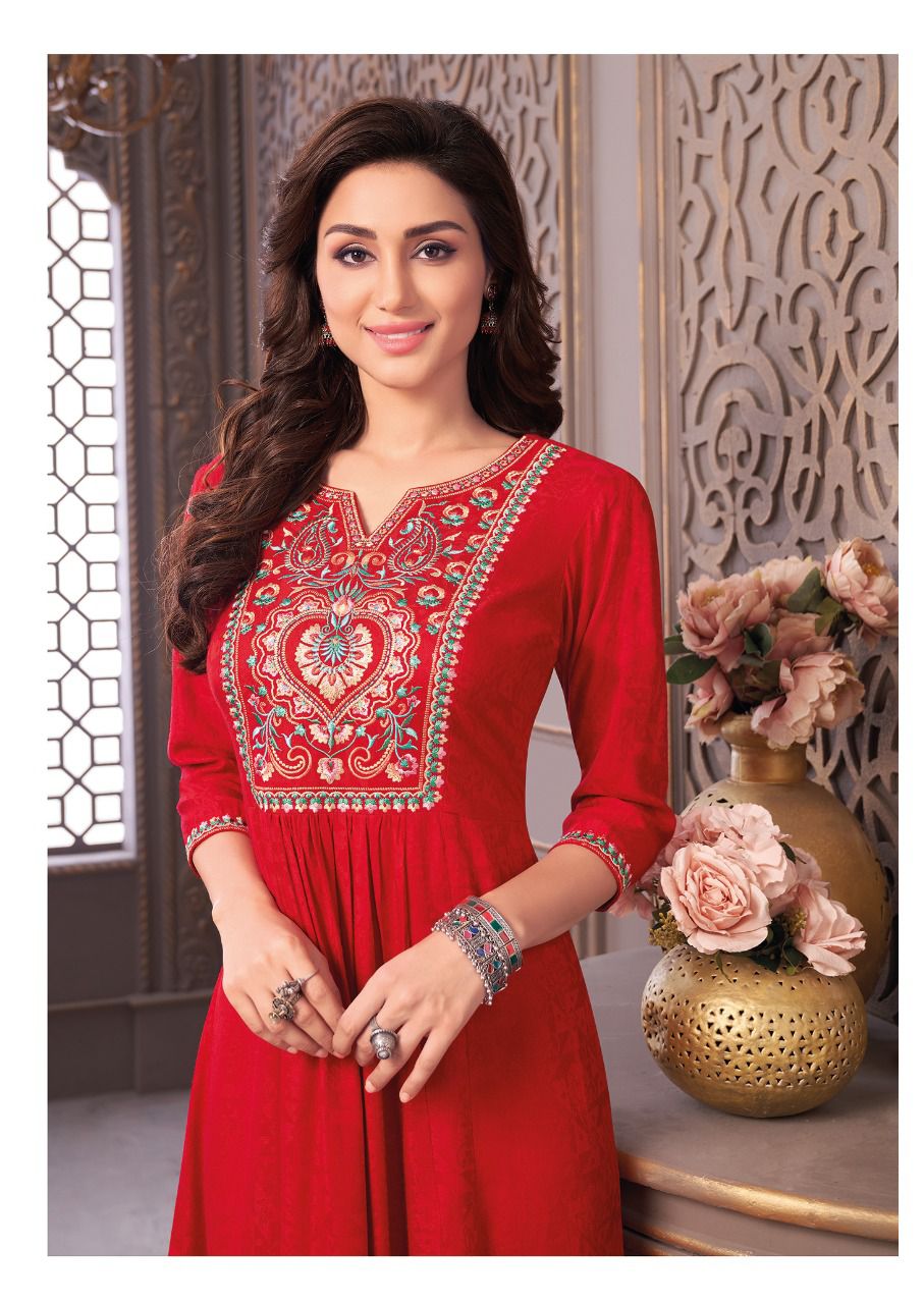 Aarvi Shanaya 4 rayon Designer Fancy Wear Embroidery Kurti Collection